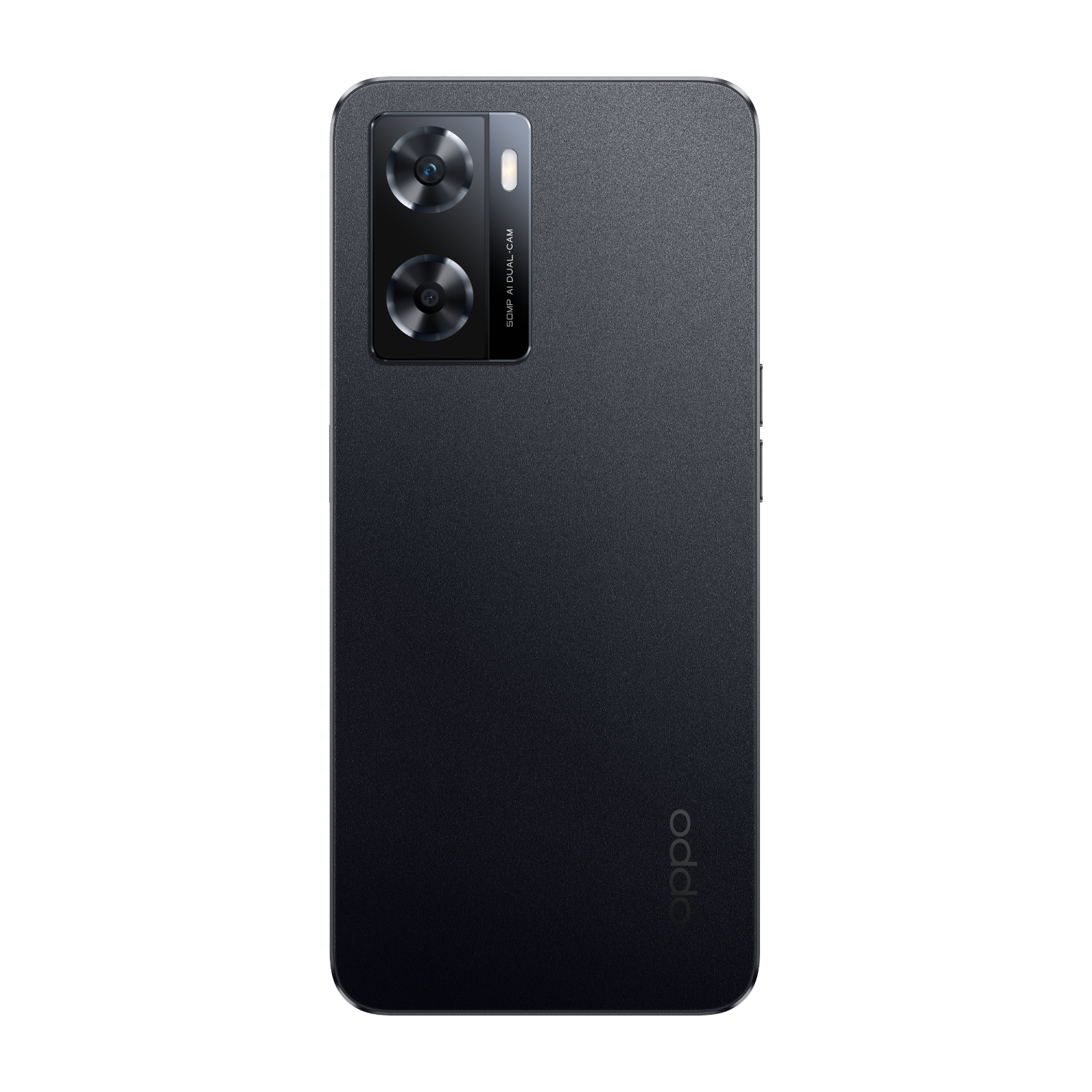 Zwarte smartphone met dubbele camera, Oppo-logo, op zwarte achtergrond.