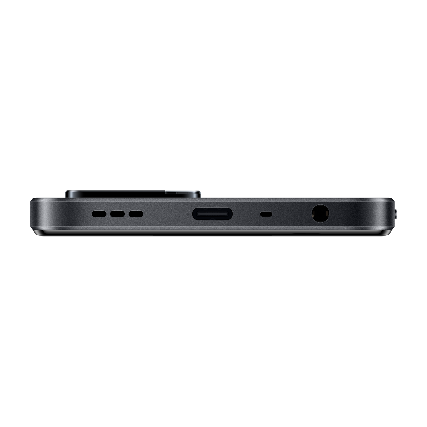 De onderkant van een donkergrijze smartphone met poorten voor opladen, hoofdtelefoon en andere accessoires.