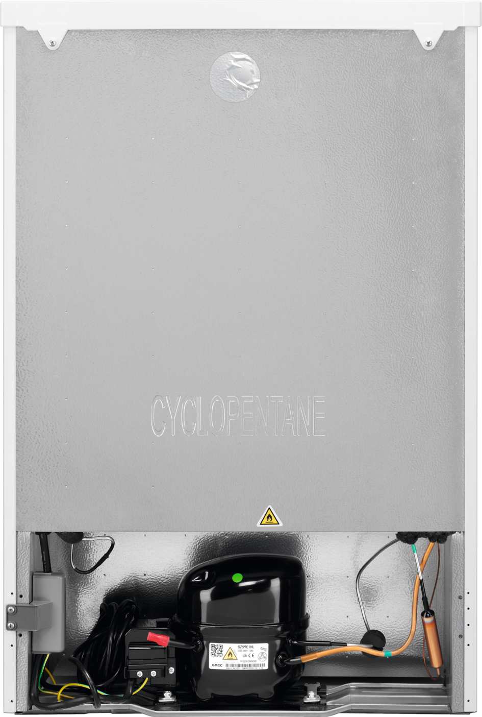 Back of a white refrigerator with a black compressor, showing components, model details, and warning labels.