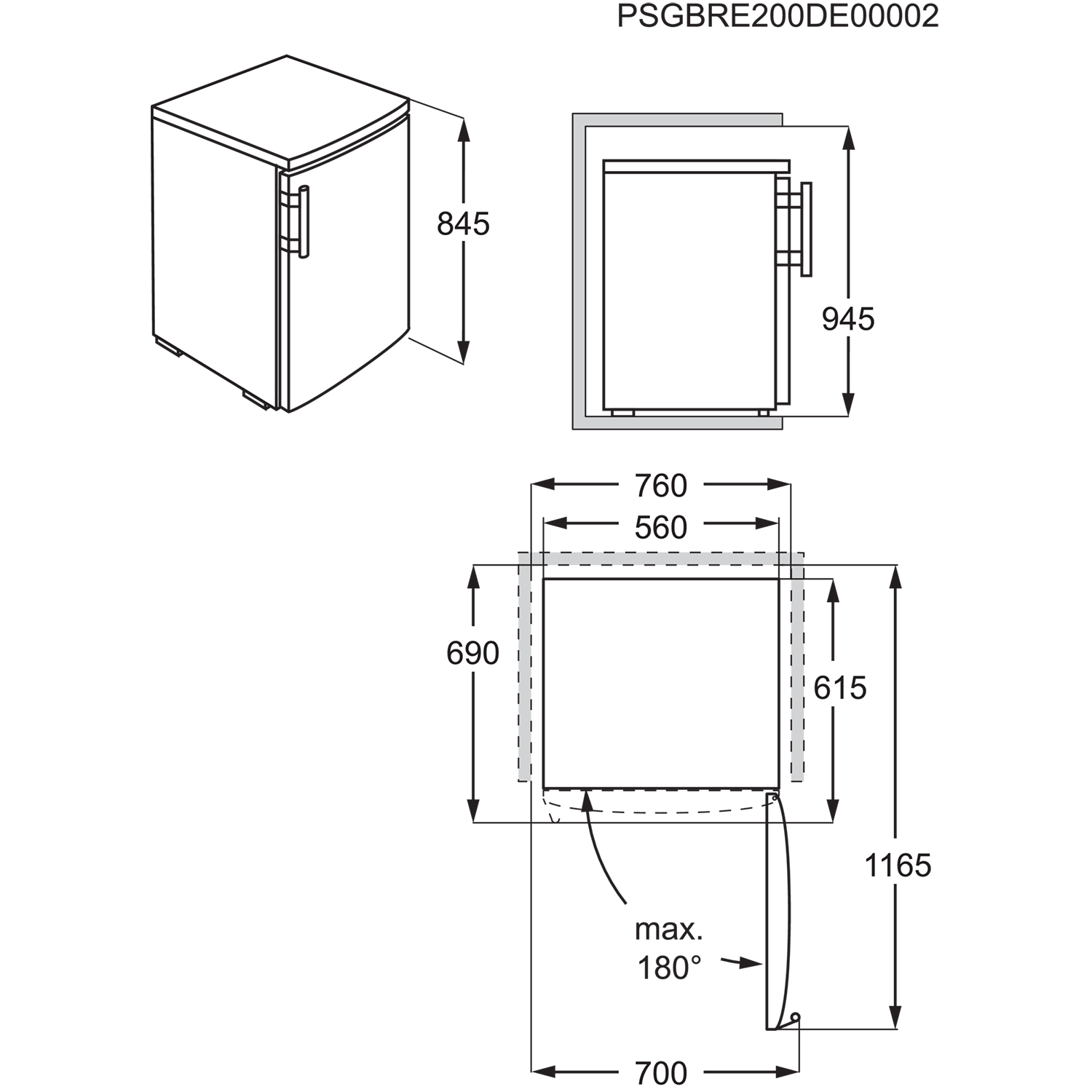 Technical drawing of a freezer with dimensions and a view of the door opening angle.