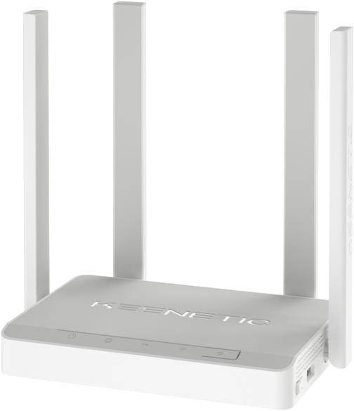 Egy fehér Keenetic router négy antennával fehér háttér előtt.