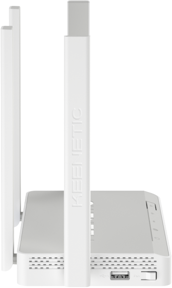 Fehér Keenetic router antennákkal, portokkal és USB-vel.