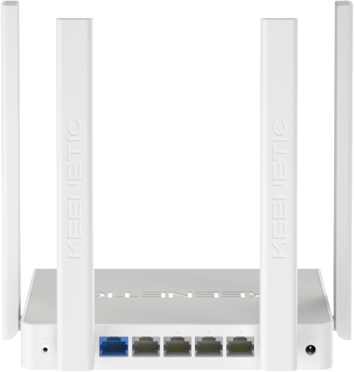 Egy fehér KENEITC router, antennákkal, és portokkal, amelyek az alján és a hátulján láthatók.