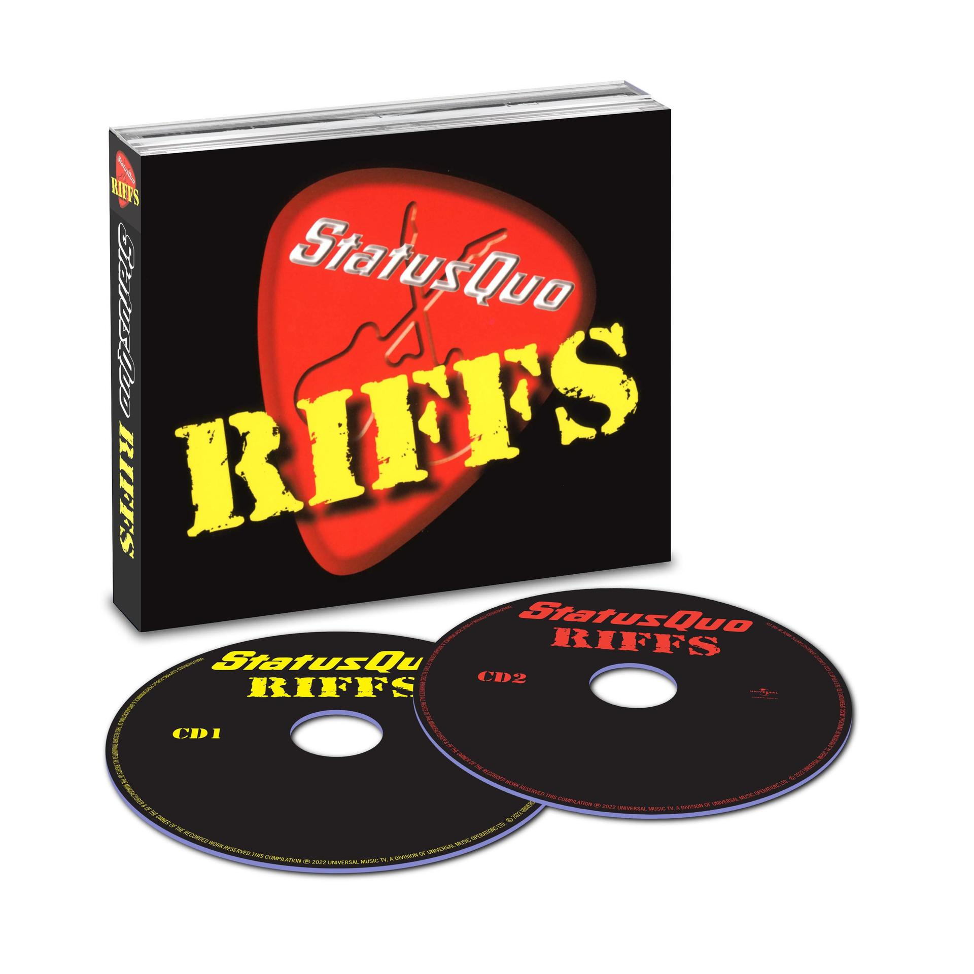CD-Hülle und CDs für 'Status Quo Riffs'. Das Gehäuse ist schwarz mit rotem Gitarrendesign.