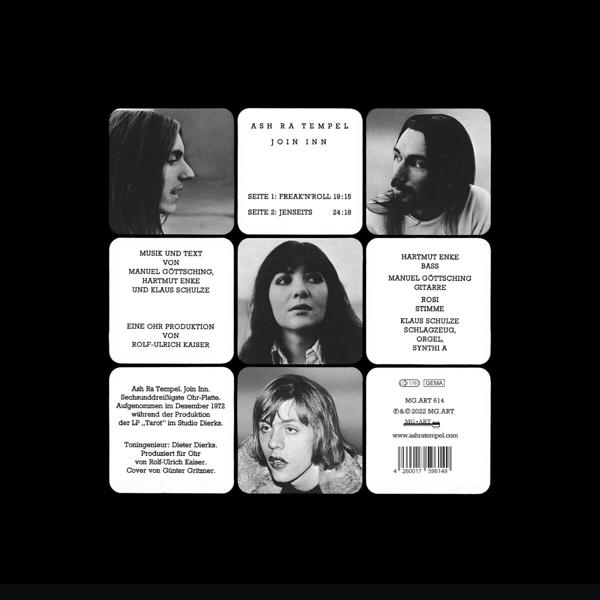 Albumcover mit Gesichtern und Text. Der Text ist in einem Raster angeordnet. Der Hintergrund ist schwarz.