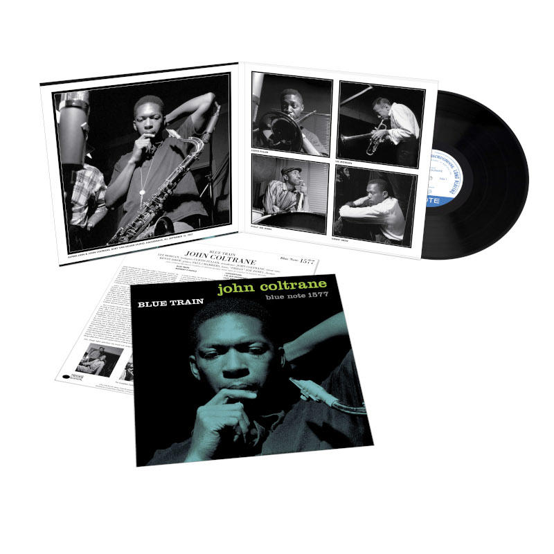 Vinylplatte und Albumcover von John Coltranes 'Blue Train' mit mehreren Bildern.