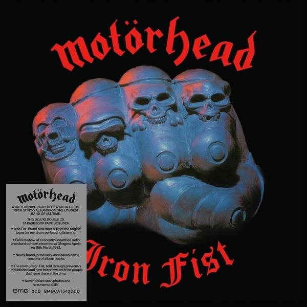 Pochette de l'album Motorhead : un poing de crânes en rouge et noir avec le nom du groupe et le titre de l'album.