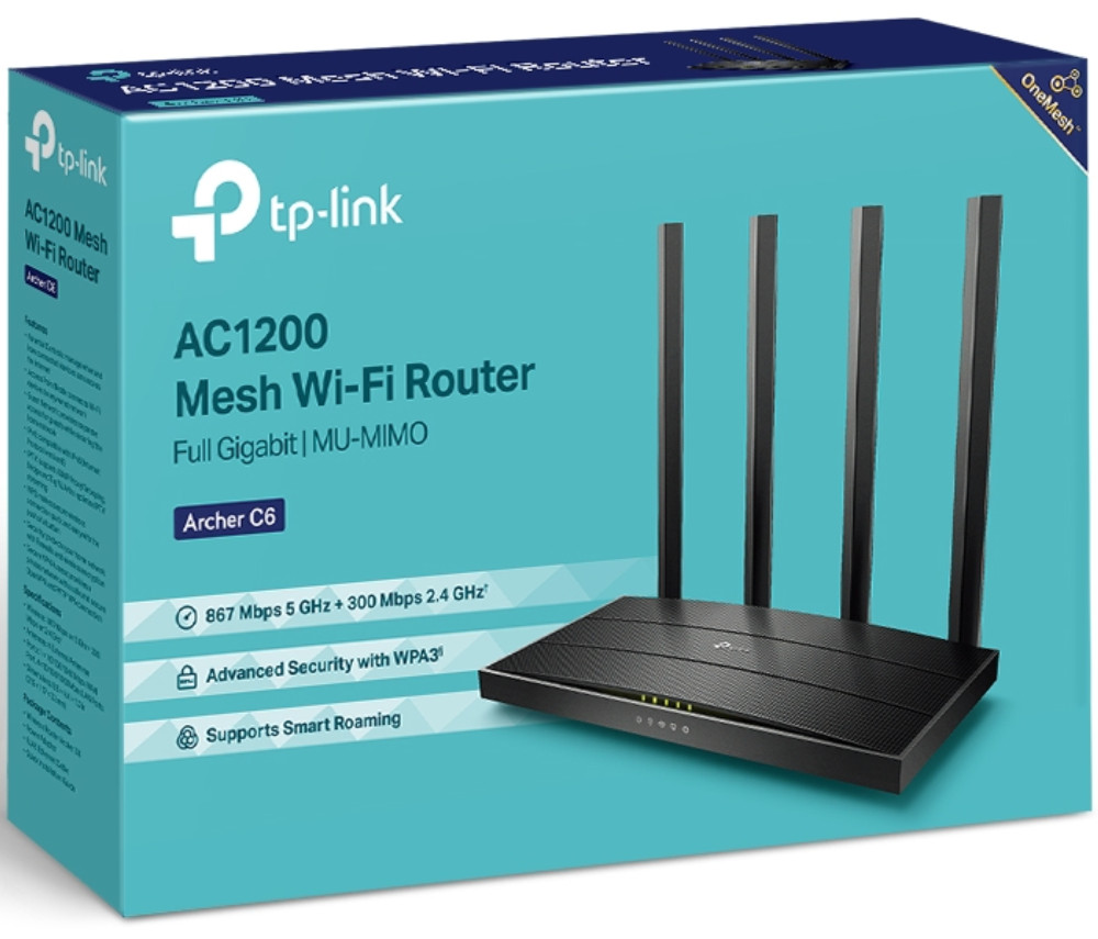 Een TP-Link AC1200 Mesh Wi-Fi Router doos met de router en zijn antennes.