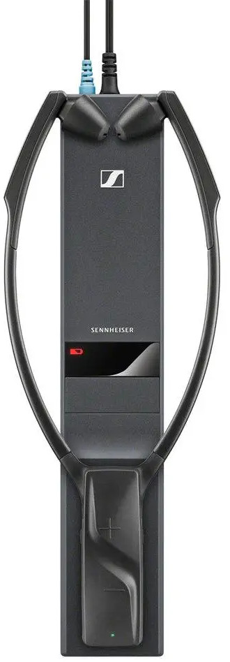 Appareil auditif Sennheiser noir avec socle de chargement, écouteurs et indicateur de batterie.