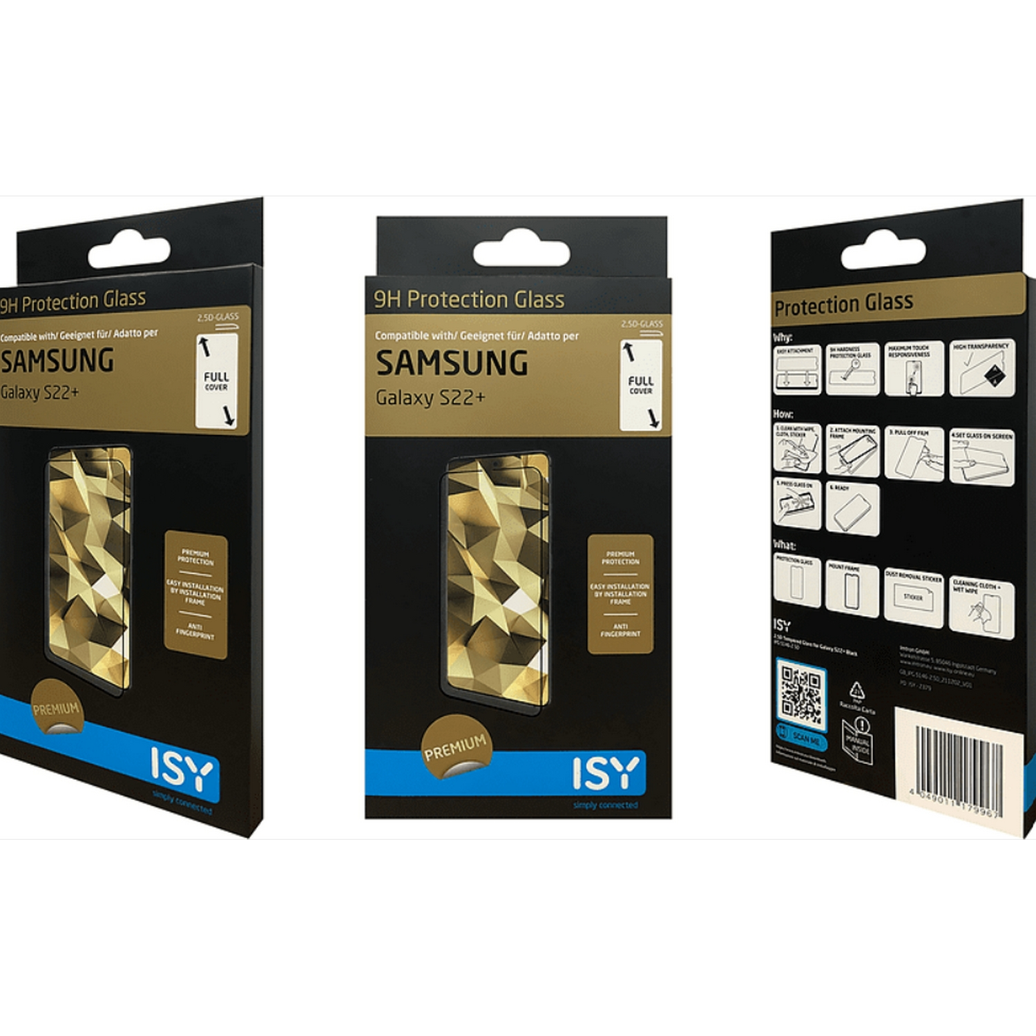 Tres cajas de protectores de pantalla para Samsung Galaxy S22+, con información del producto.