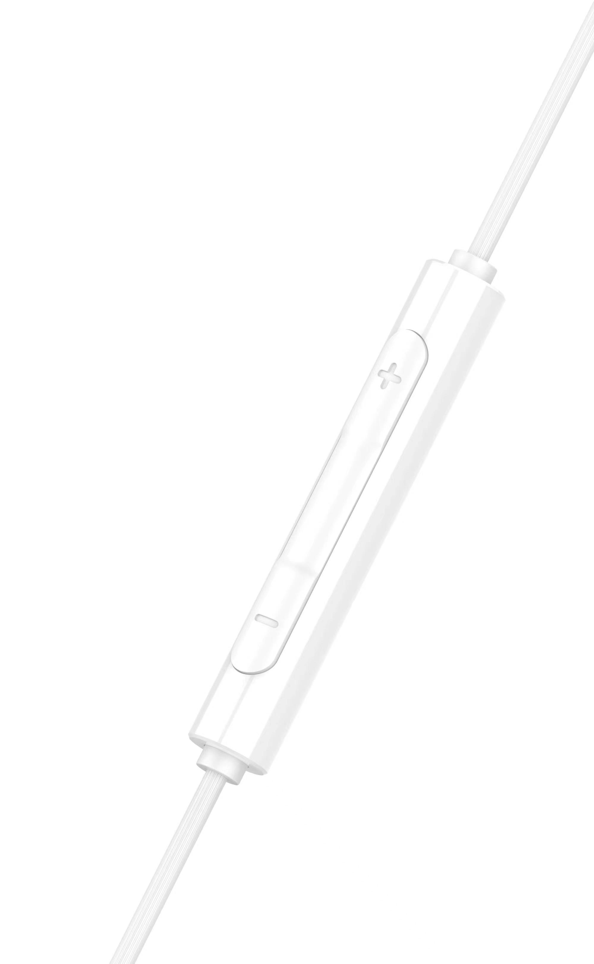 Weiße In-Ear-Kopfhörer mit Controller an einem weißen Kabel.