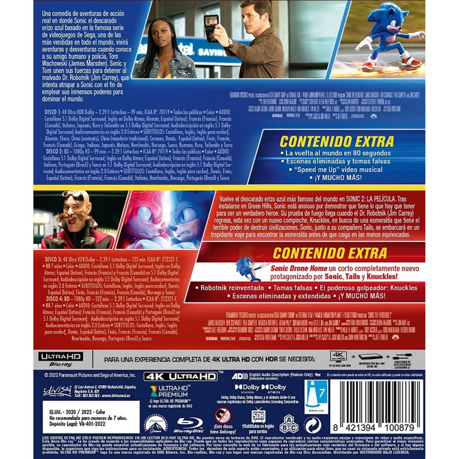 Póster de la película Sonic the Hedgehog 2. Actores, Sonic y texto visibles. Texto en español en la parte posterior.