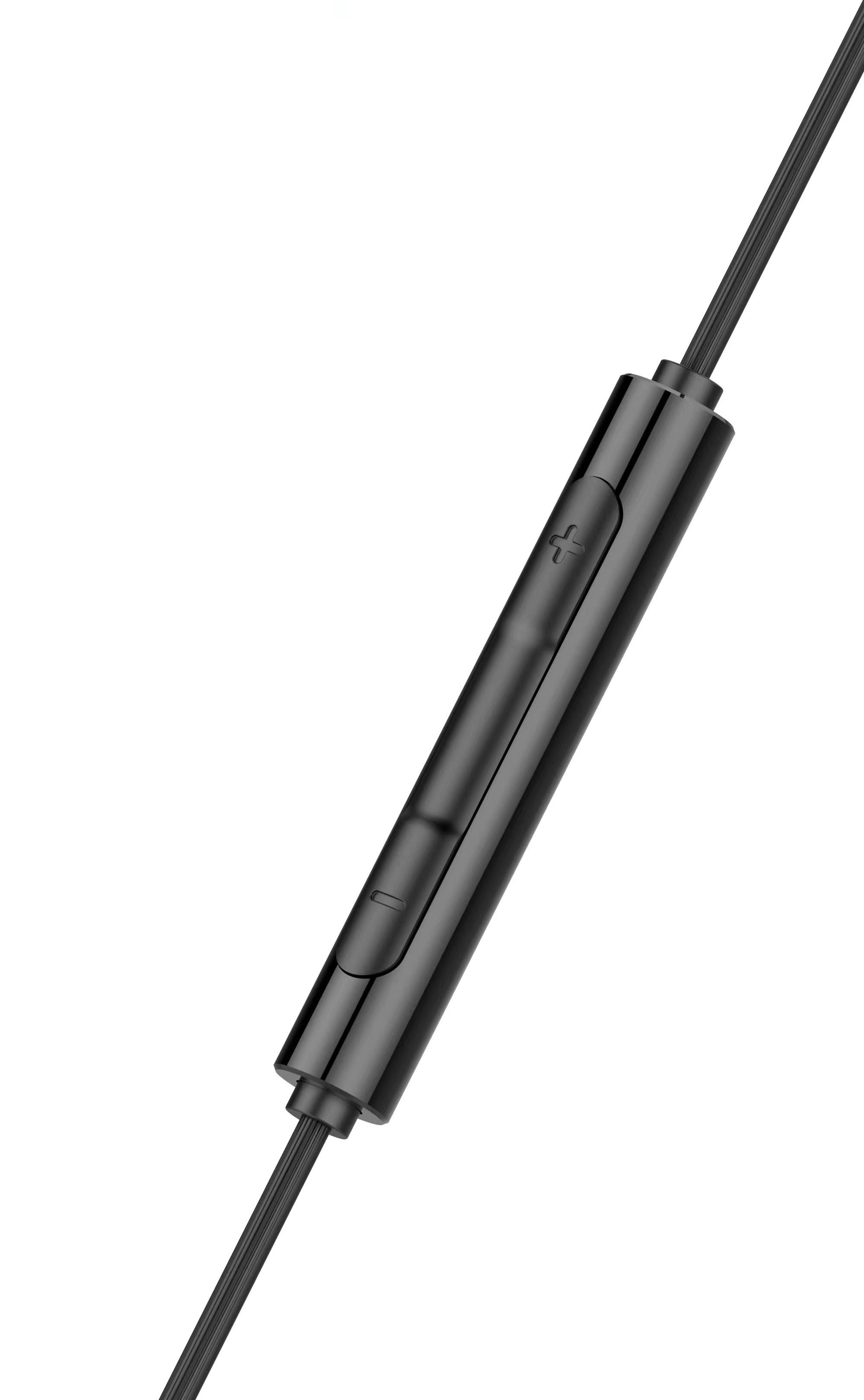 Schwarze Inline-Fernbedienung an einem schwarzen Kopfhörerkabel.