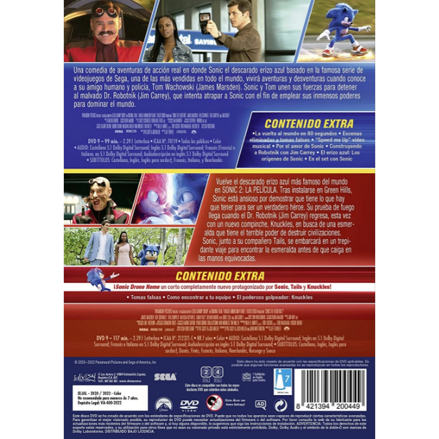 Parte trasera de la caja del DVD de la película Sonic the Hedgehog 2, con texto e imágenes.
