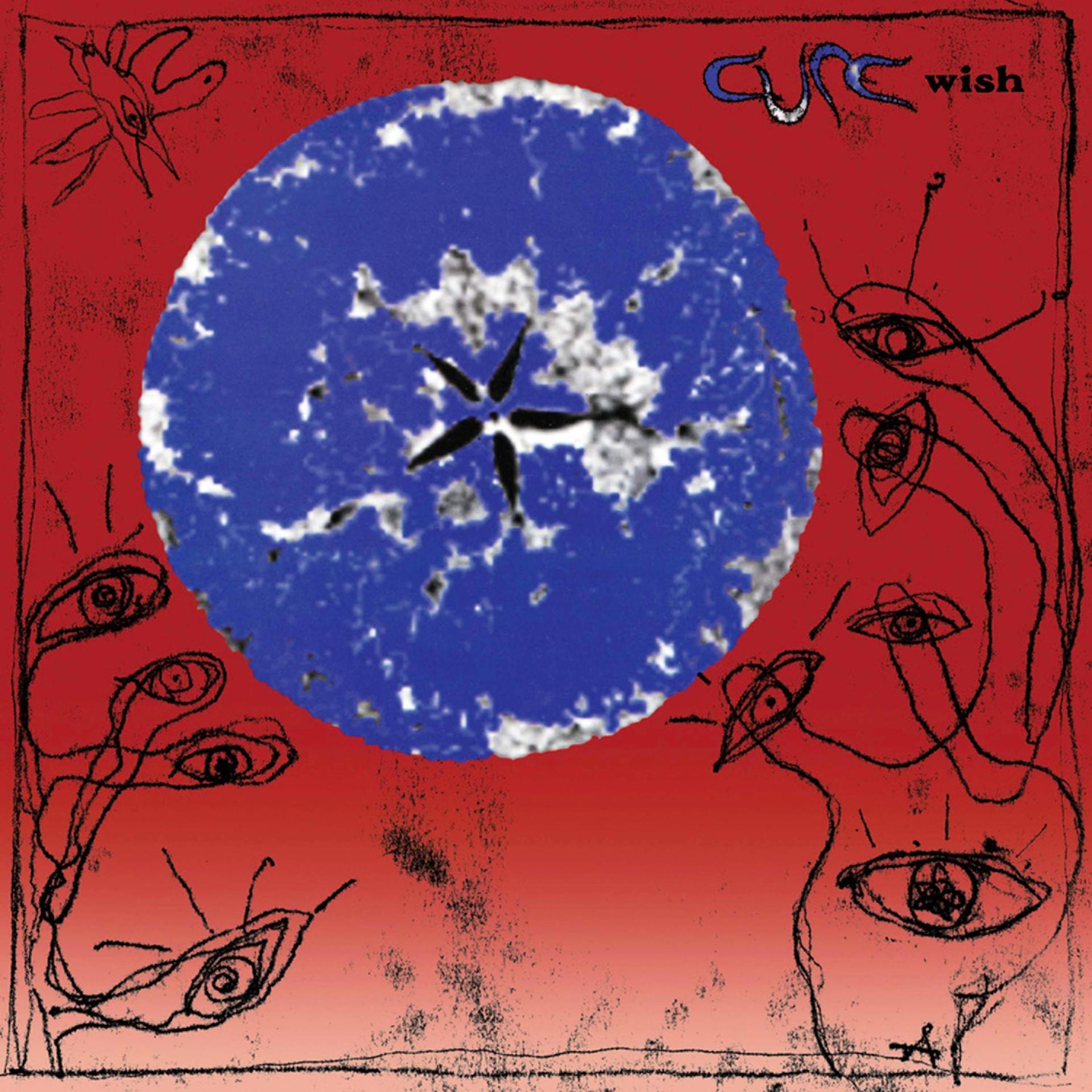 Albumcover: The Cure Wish, blauer Kreis, roter Hintergrund, abstrakte Kunst.