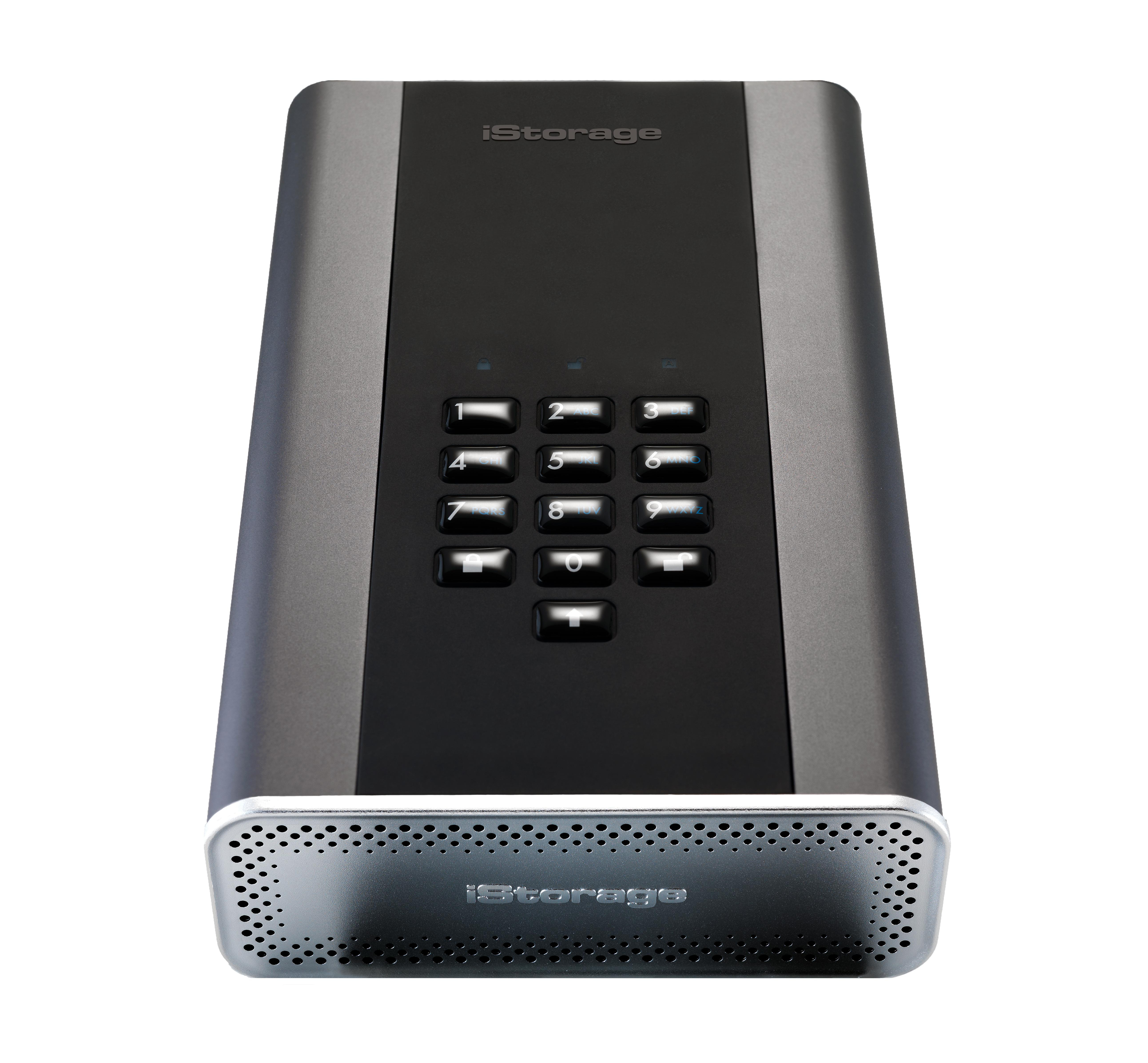 Ein schwarzes und silbernes iStorage-Laufwerk mit Tastatur. Das iStorage-Logo ist sichtbar.