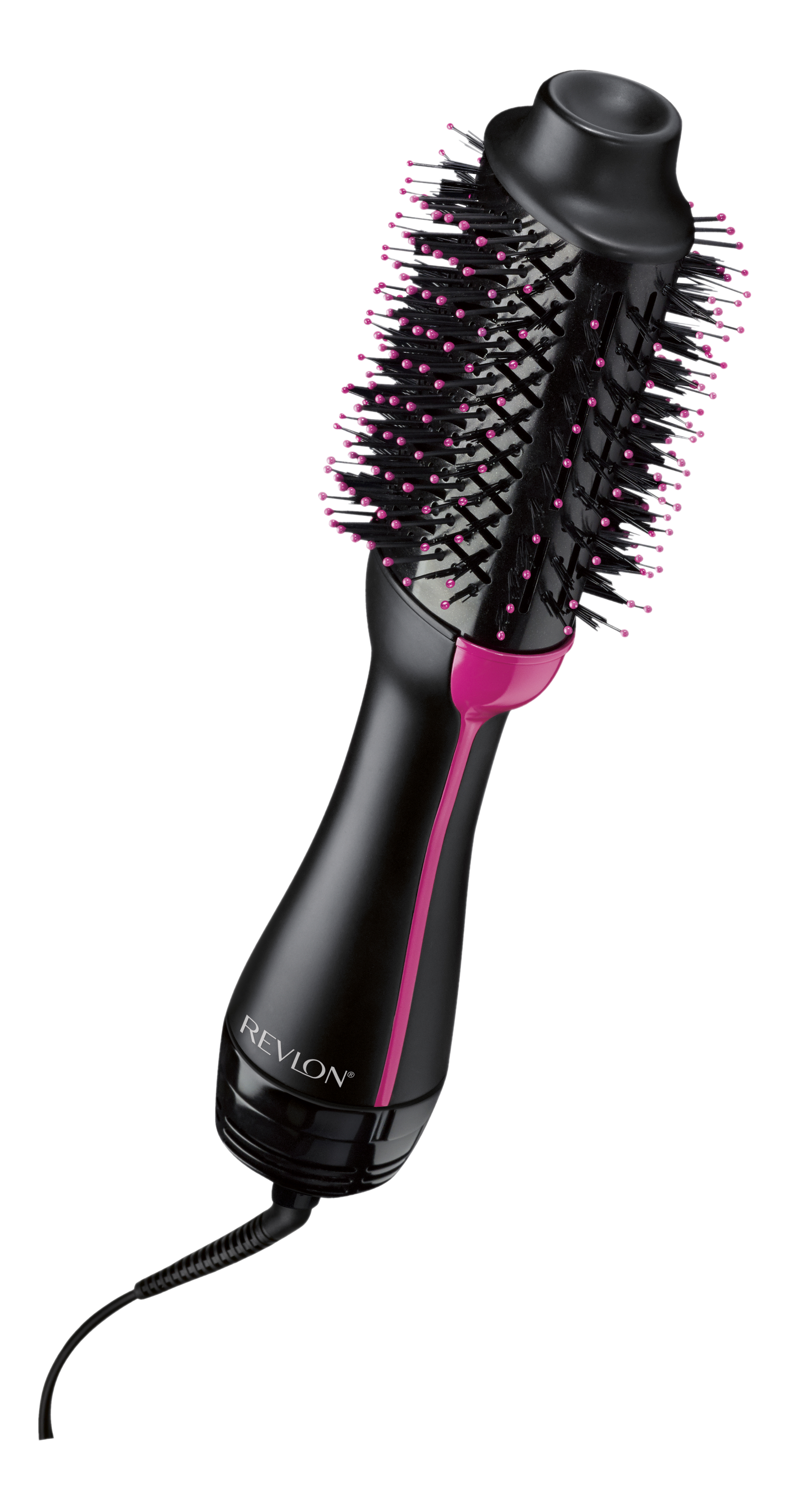 Spazzola asciugacapelli Revlon. Il dispositivo è nero con dettagli rosa e setole rosa.