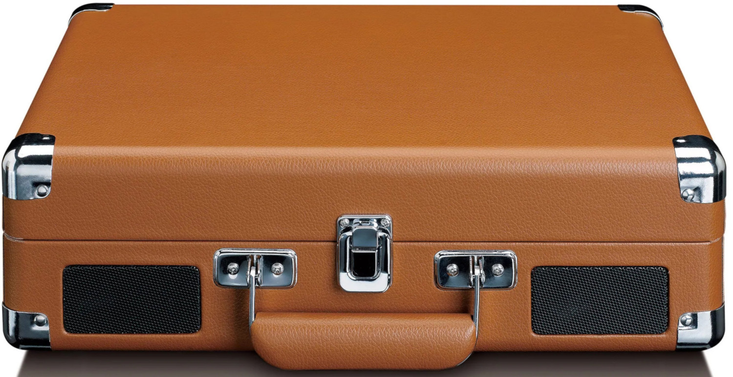Brown suitcase-style record player with speakers and a handle. Silver metal accents are present.