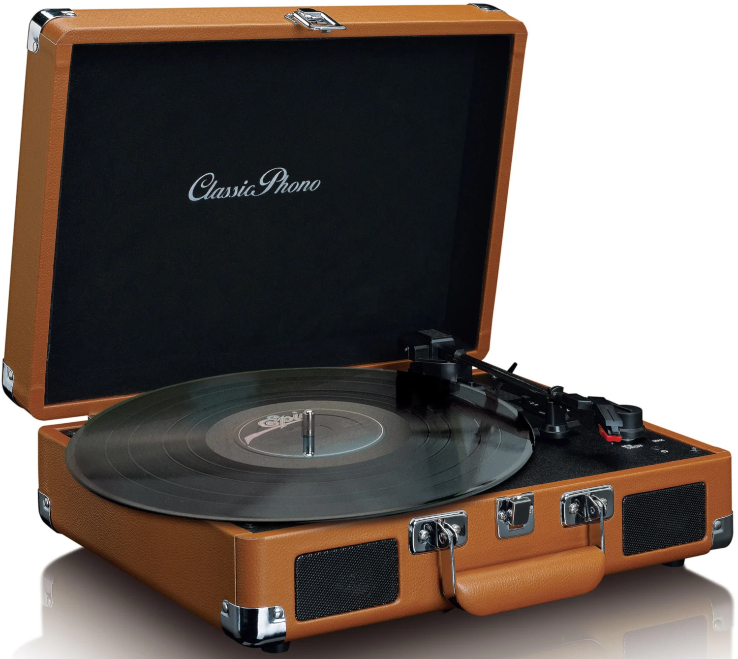 Retro style brown record player with a record on the turntable. Open top with black interior, speaker grilles.