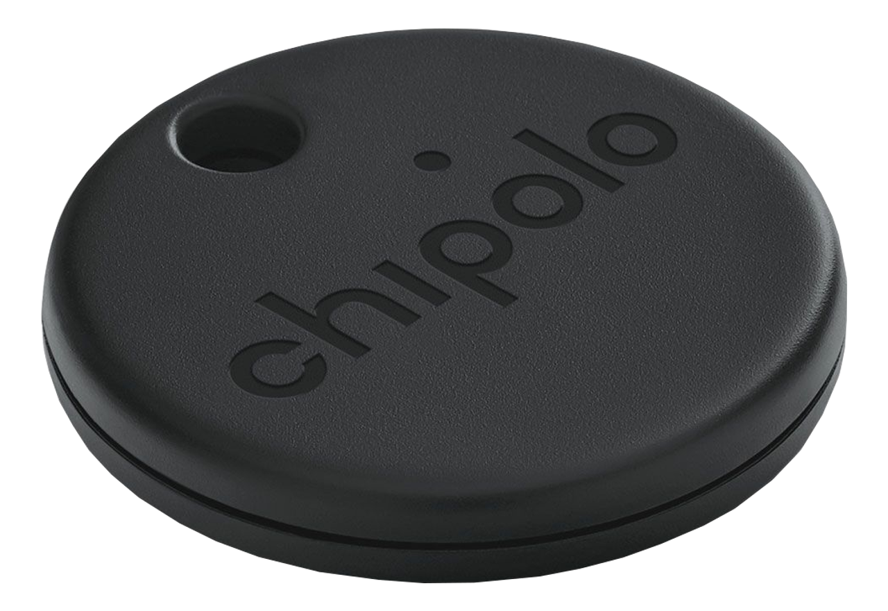 Ein schwarzer Chipolo Tracker, ein kleines, rundes Gerät mit Loch für einen Schlüsselring.