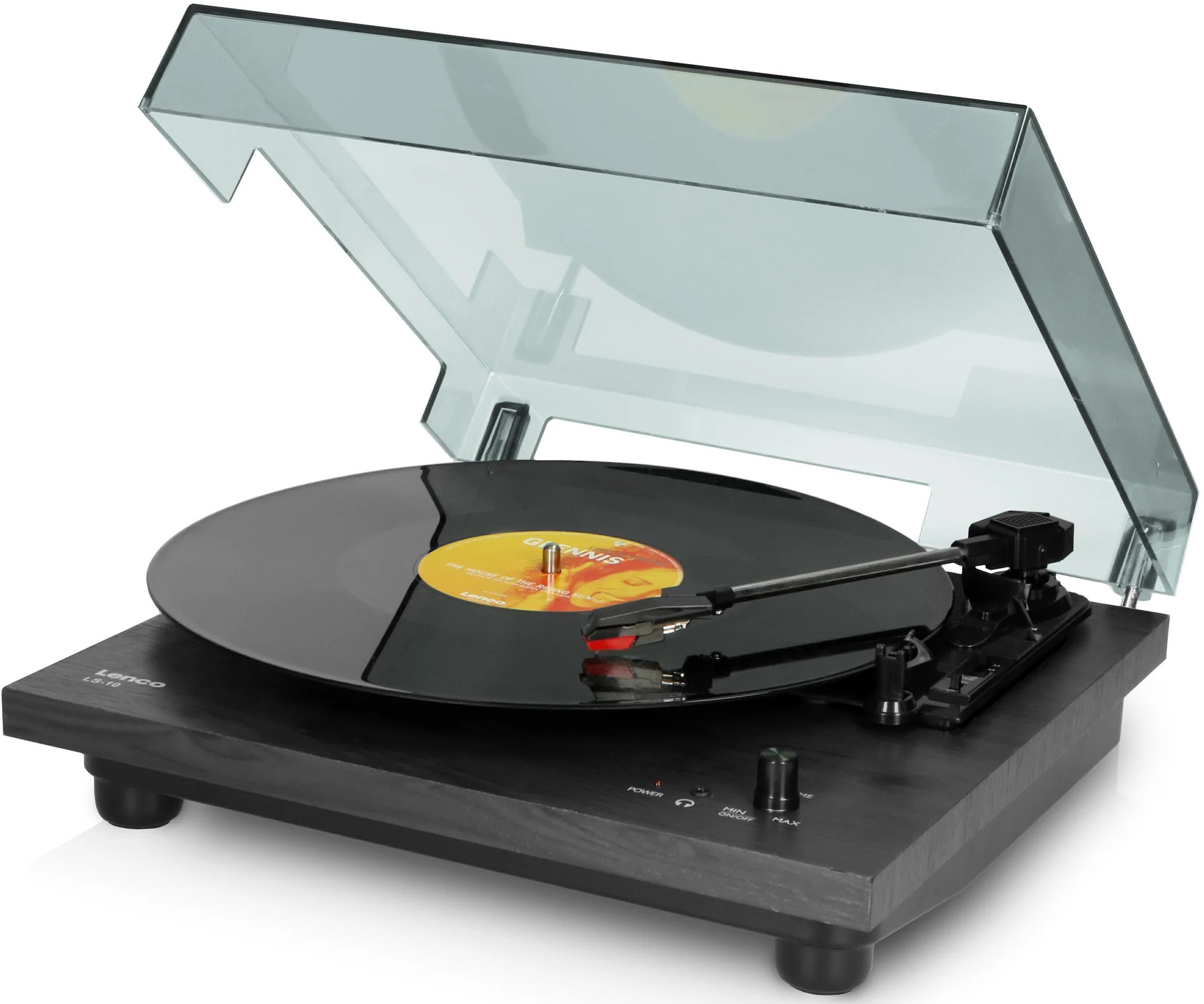 Platine vinyle avec base noire et couvercle transparent. Un disque est en cours de lecture. Le fond est blanc.