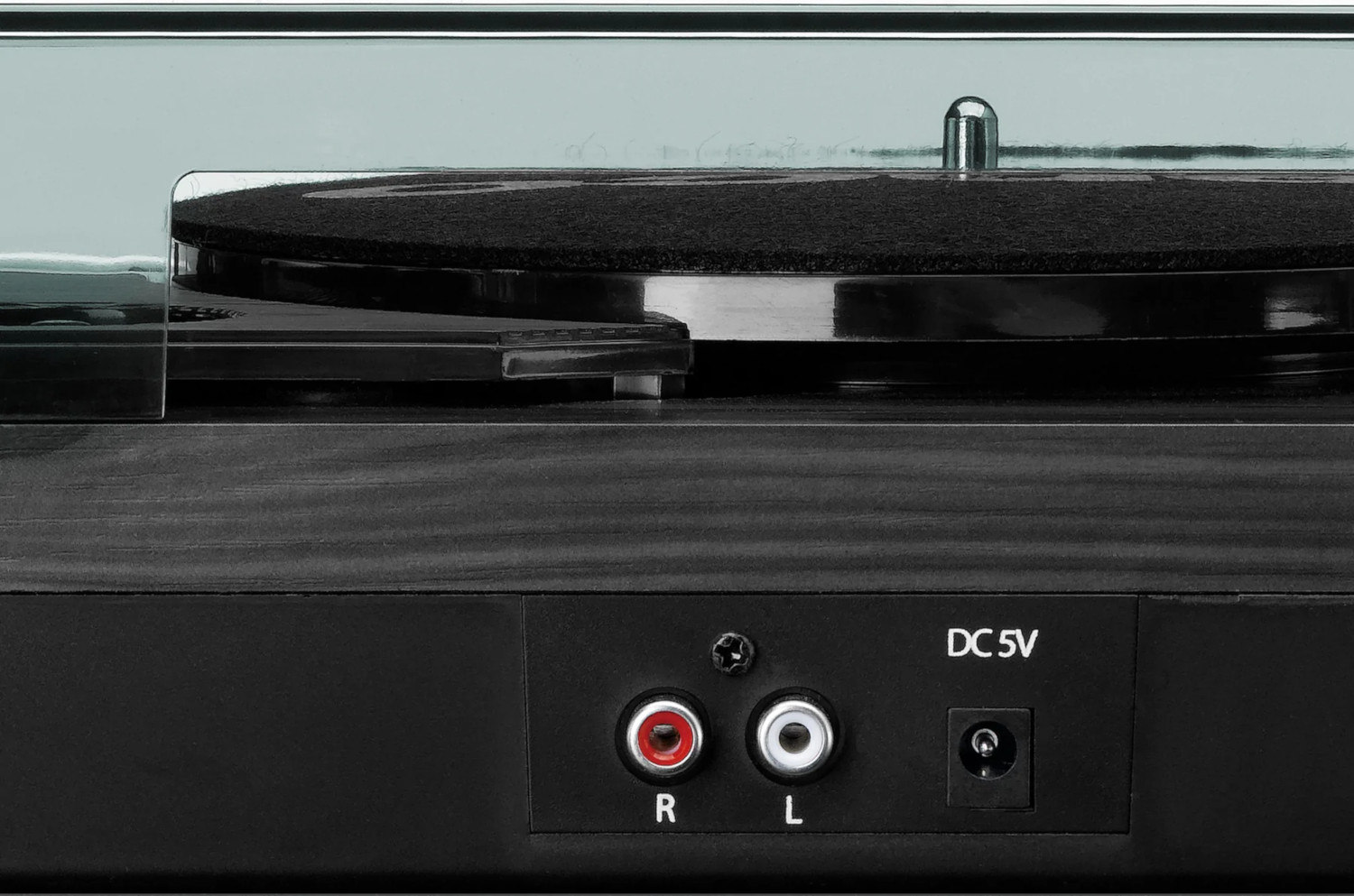 Vue rapprochée d'une platine noire avec ports de sortie audio R et L.