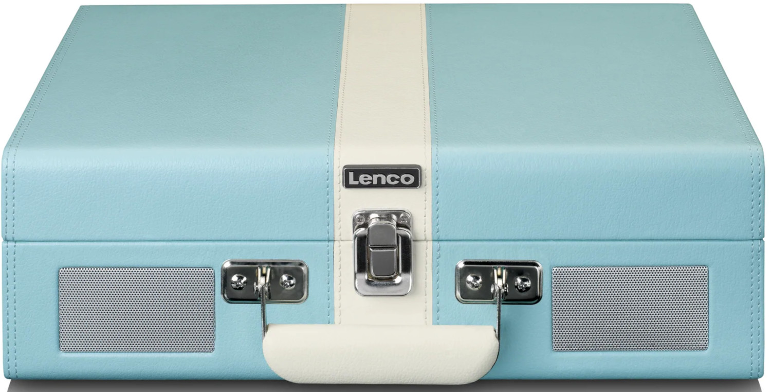 Un tourne-disque de style valise bleu clair et blanc avec un fermoir argenté et des haut-parleurs.