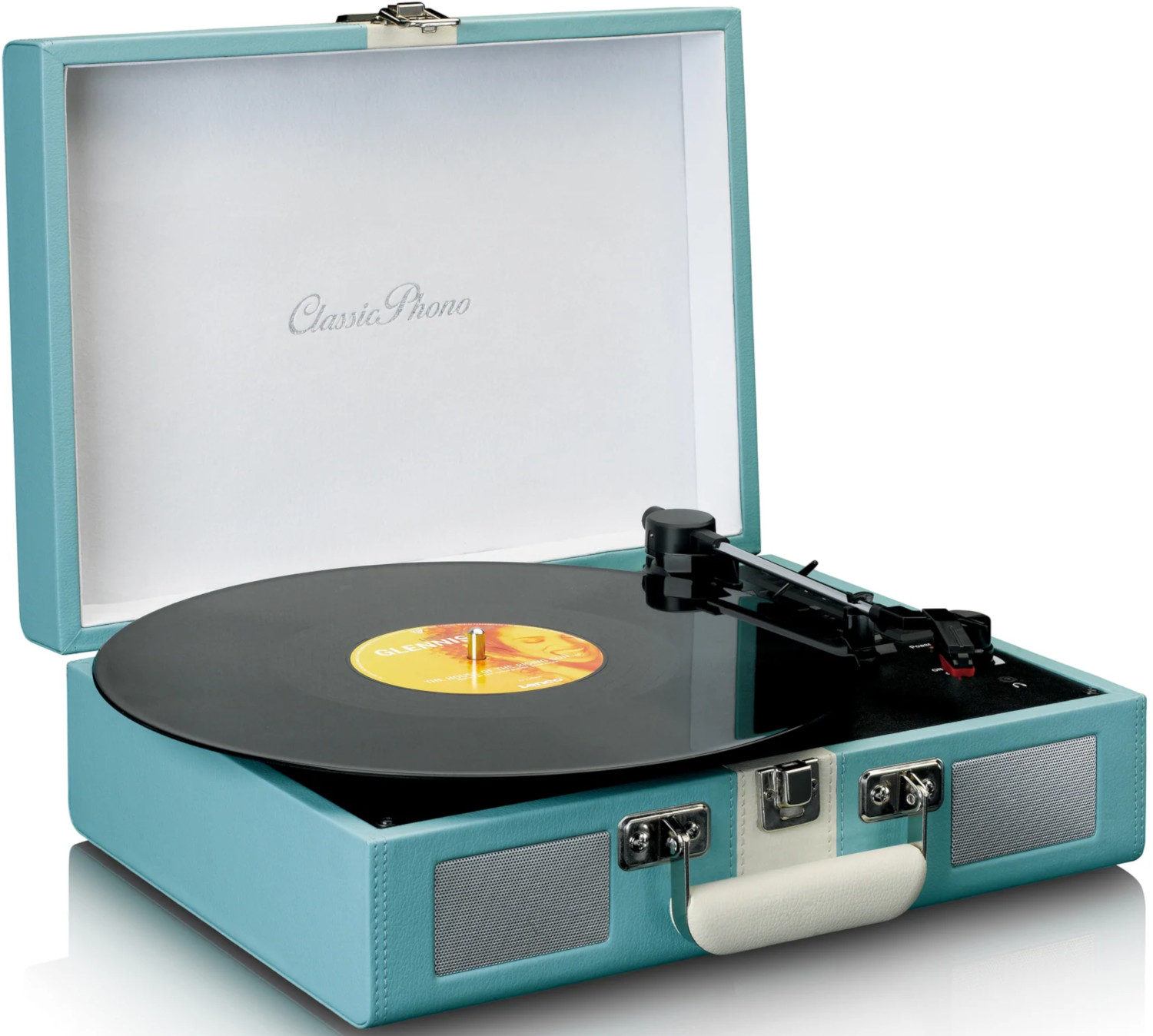 Platine vinyle turquoise ouverte avec un disque noir. Intérieur blanc, quincaillerie argentée et poignée visible.