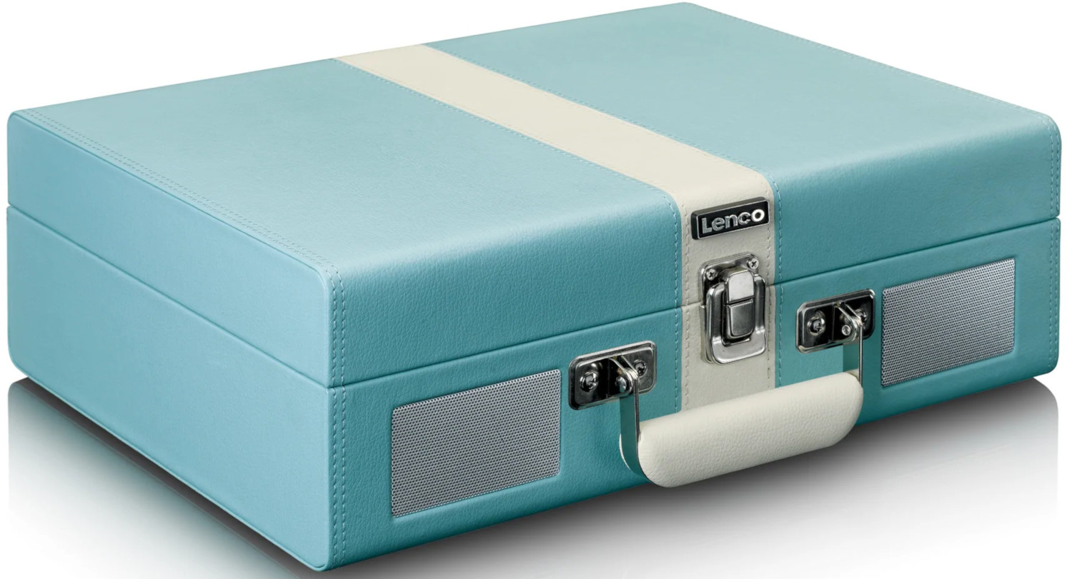 Un tourne-disque Lenco turquoise et blanc, fermé avec une poignée.