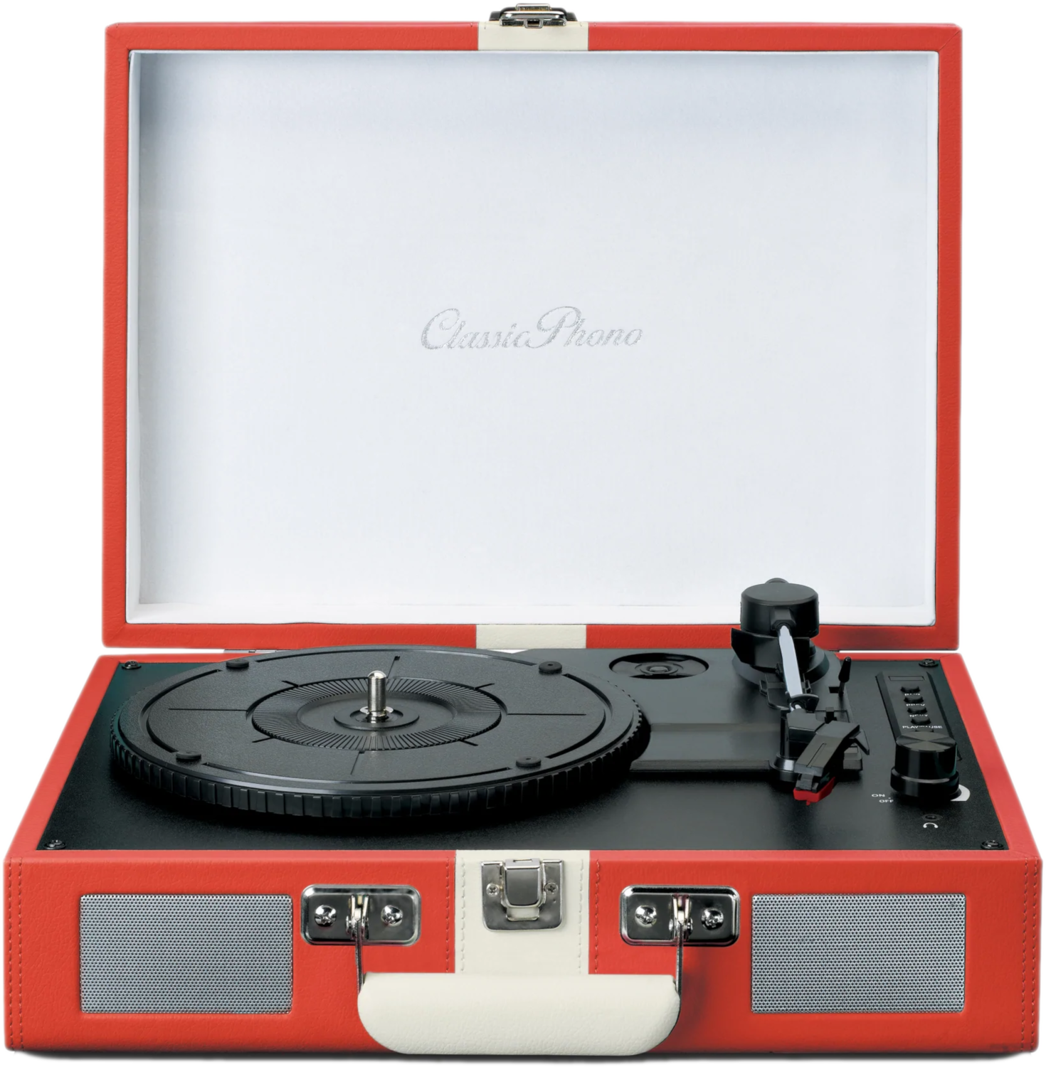 Rode en witte retro platenspeler met een zwarte vinylplaat erop.