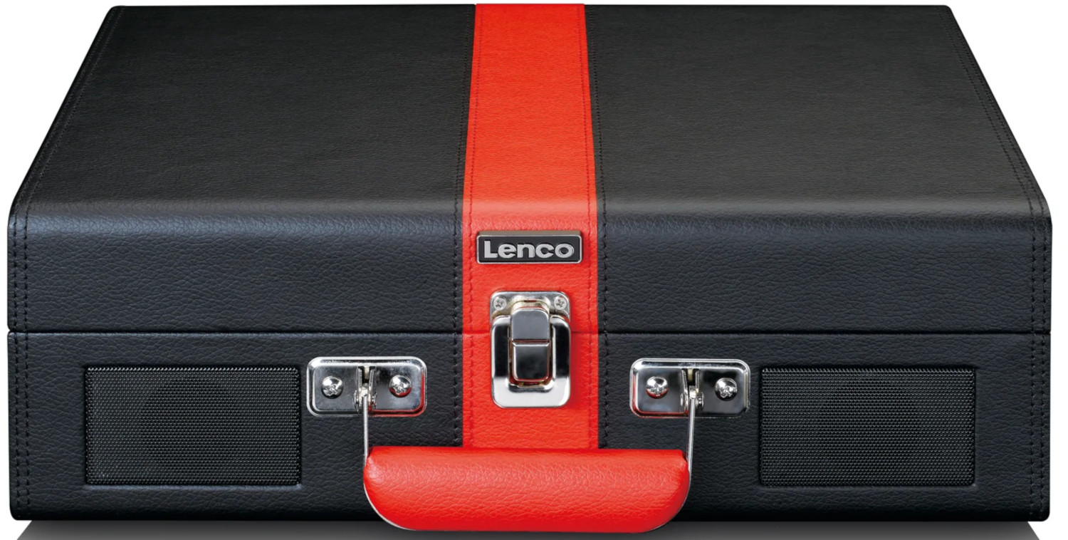 Un tourne-disque Lenco dans un étui noir avec une bande et une poignée rouges.