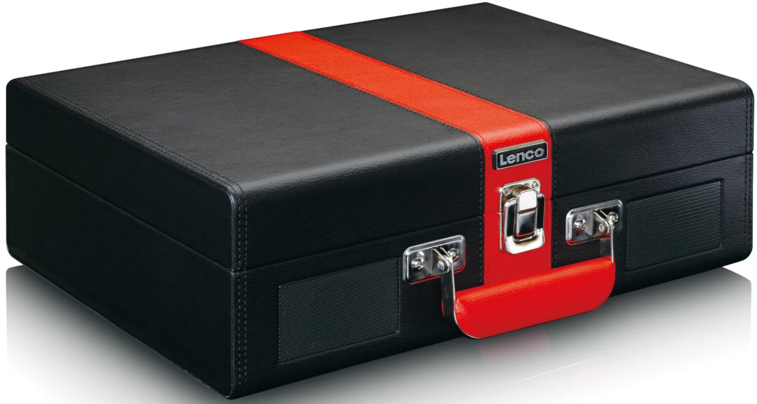 Platine vinyle Lenco style valise noir et rouge, fermée.