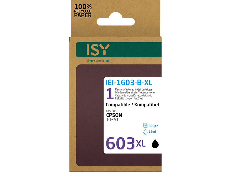 ISY IEI-1603-B-XL Epson T03A41, schwarz, wiederaufbereitet; Tintenpatrone