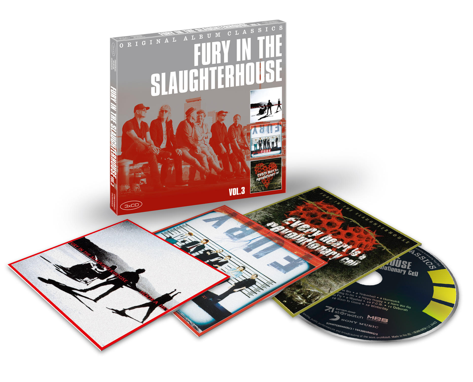 Eine Box mit CDs mit Albumcovern. Auf der Box steht 'Fury in the Slaughterhouse' und Bandfotos.