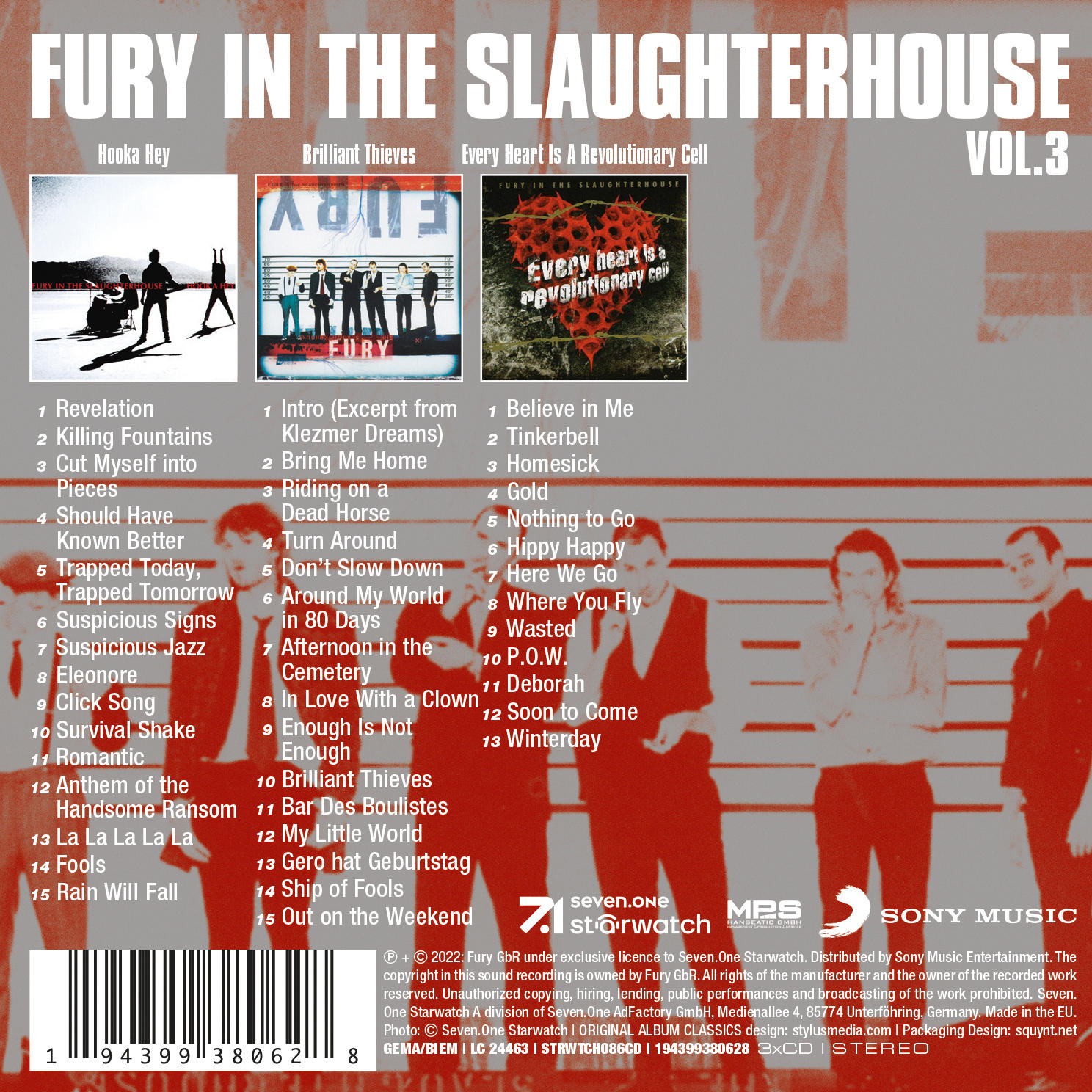 Albumcover mit Bildern verschiedener Bandmitglieder und Titelliste. Text auf Englisch und Deutsch.
