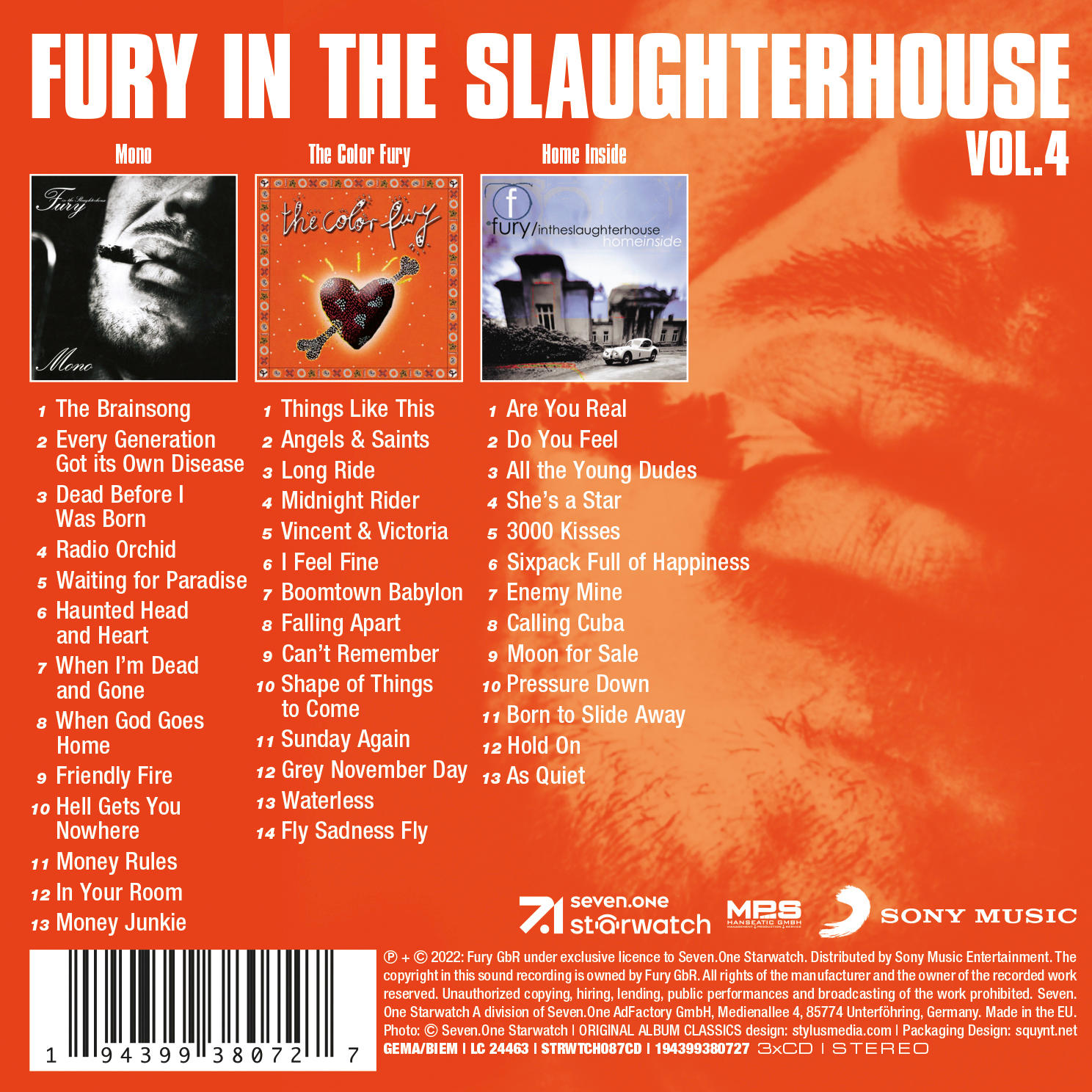 Rückseite des Albums Fury in the Slaughterhouse, Vol. 4 mit Trackliste und Logos.