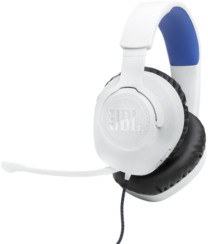 Weißes JBL Gaming-Headset mit Mikrofon und blauen Akzenten.