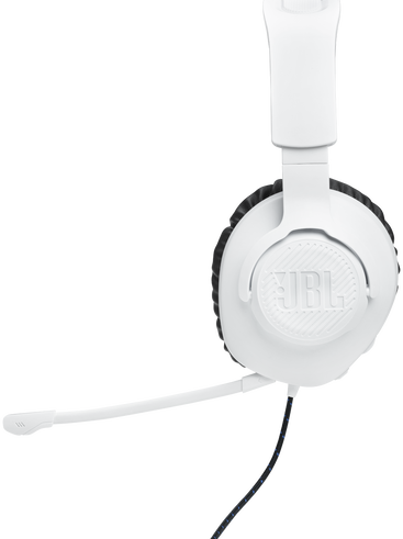 Weißes JBL-Gaming-Headset mit Mikrofon, auf schwarzem Hintergrund.