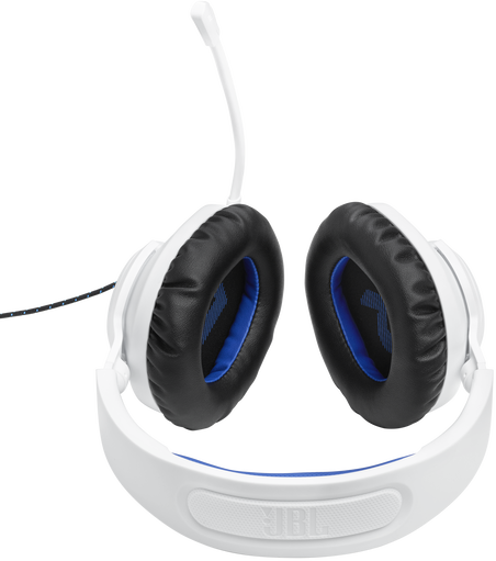 Weißes Gaming-Headset mit Mikrofon. Schwarze Ohrmuscheln mit blauen Akzenten. Weißer Hintergrund.