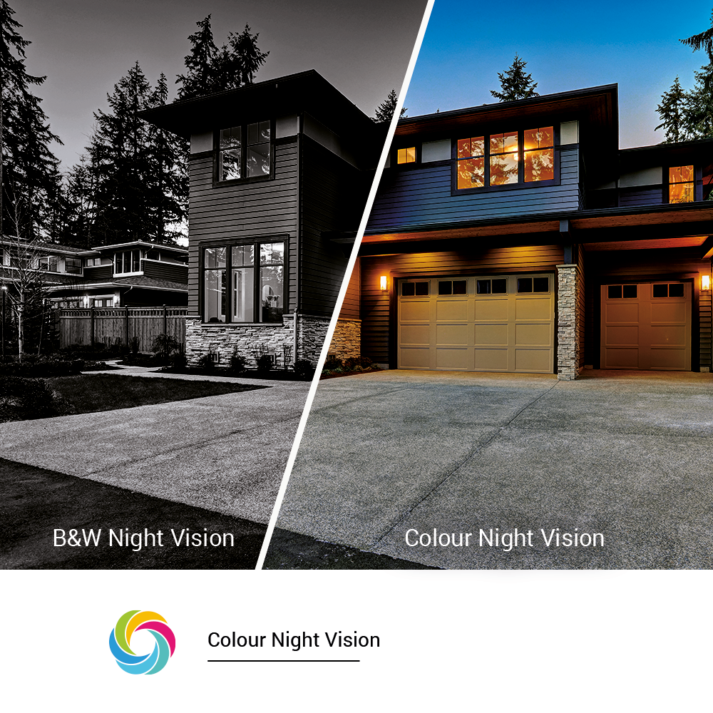 Maison divisée par deux visions nocturnes. Une en noir et blanc, l'autre en couleur, montrant une maison.