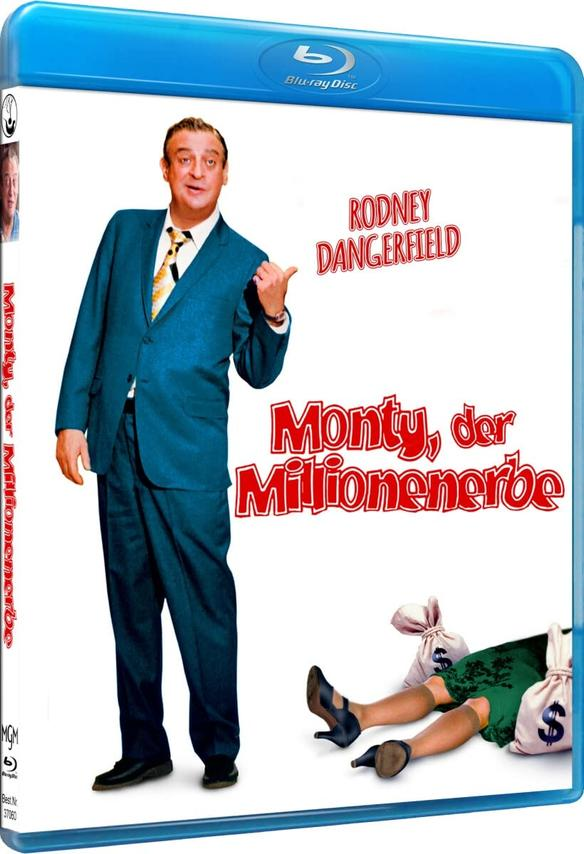 Filmcover mit Rodney Dangerfield, Titel 'Monty, der Millionenerbe' und zwei Geldsäcken.