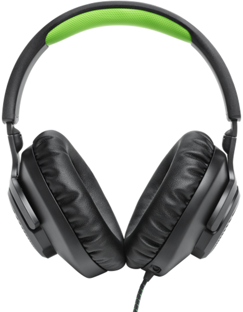 Casque noir avec rembourrage vert sur le bandeau et écouteurs noirs, face avant.
