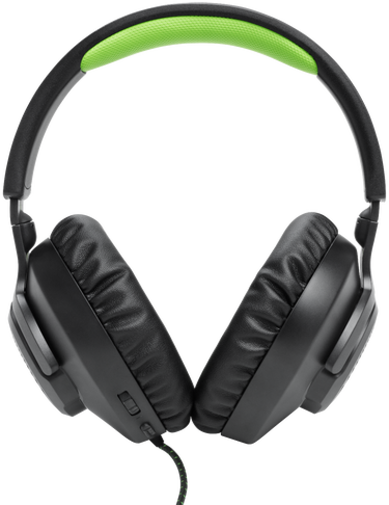 Casque noir avec bandeau vert. Les écouteurs sont orientés l'un vers l'autre. Fond noir.