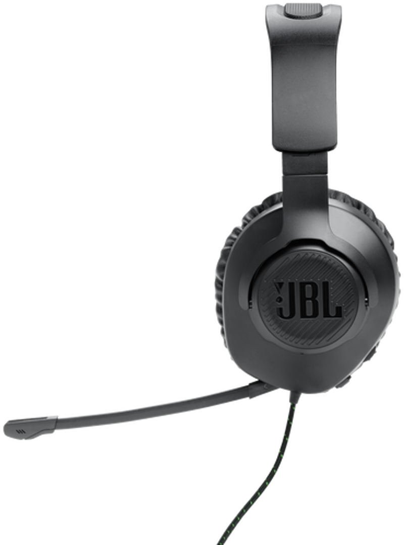 Casque JBL noir avec micro. Le logo JBL est visible. Fond blanc.