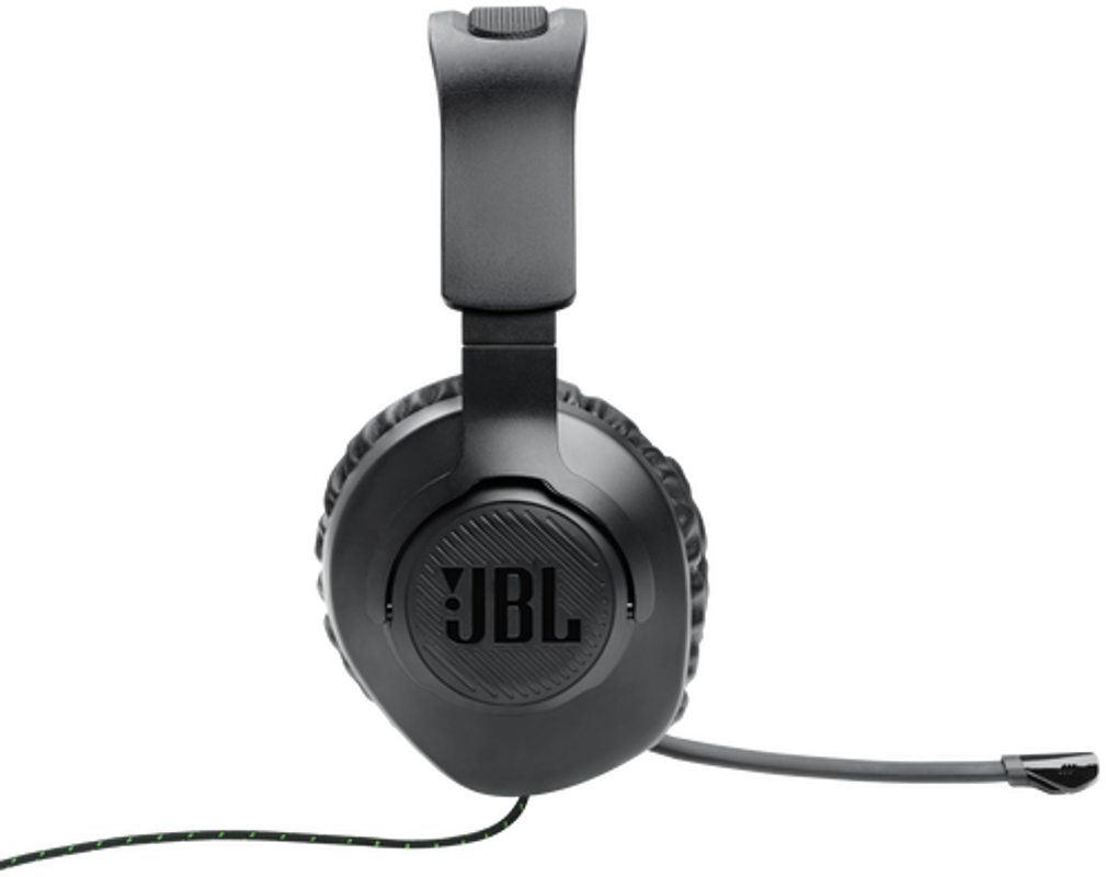 Casque de jeu JBL noir avec microphone. Le logo JBL est visible sur l'écouteur.