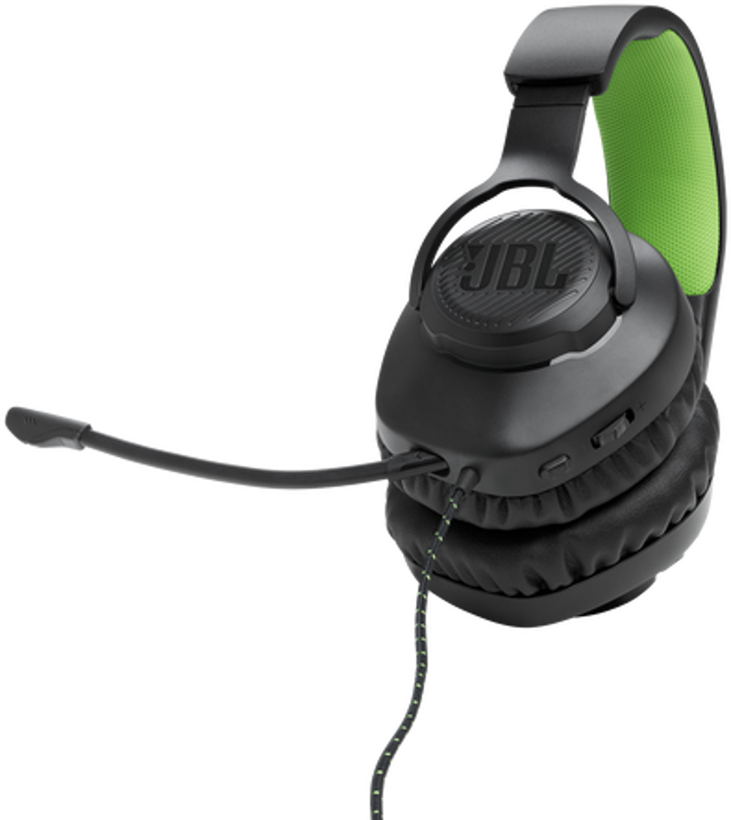 Casque JBL noir avec des accents verts. Fond blanc.