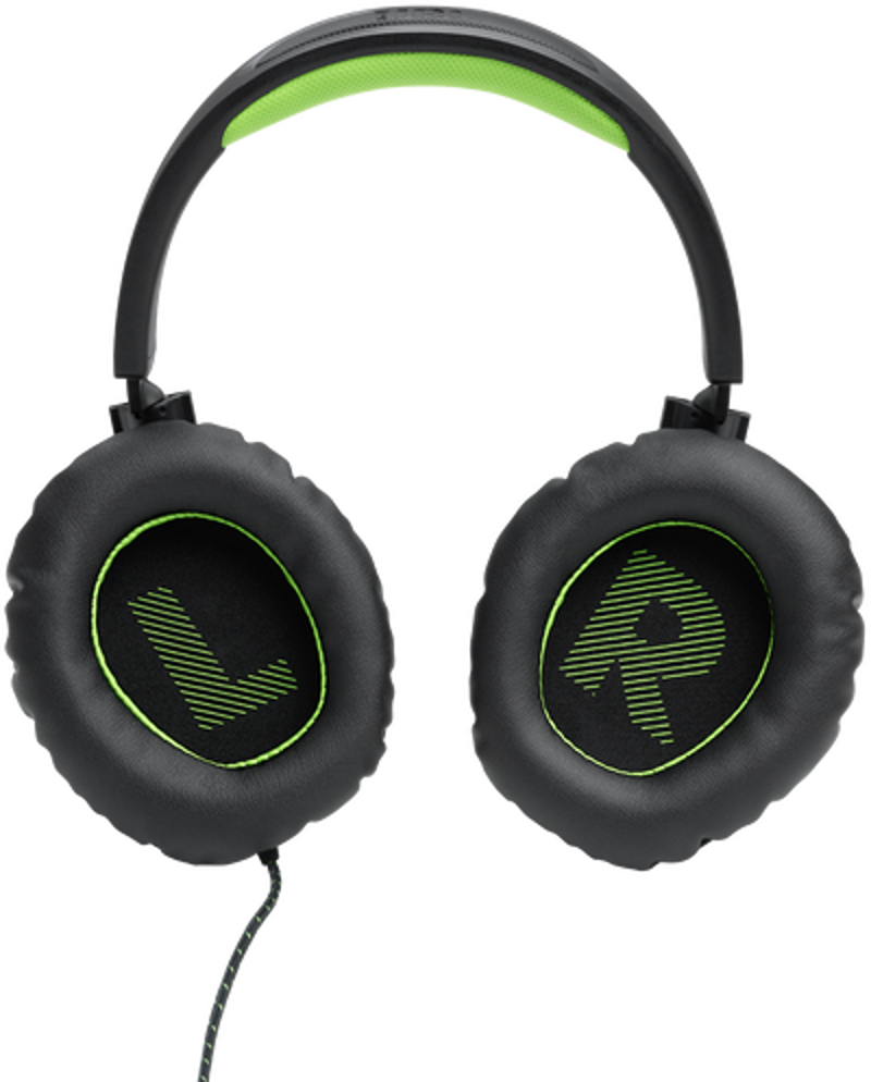Casque noir avec des accents verts. Les lettres 'L' et 'R' sont imprimées sur les écouteurs.