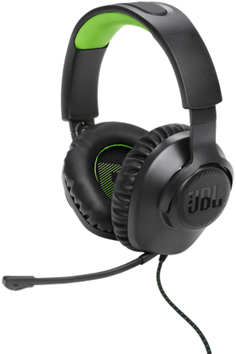 Casque gaming JBL noir et vert avec microphone perche.