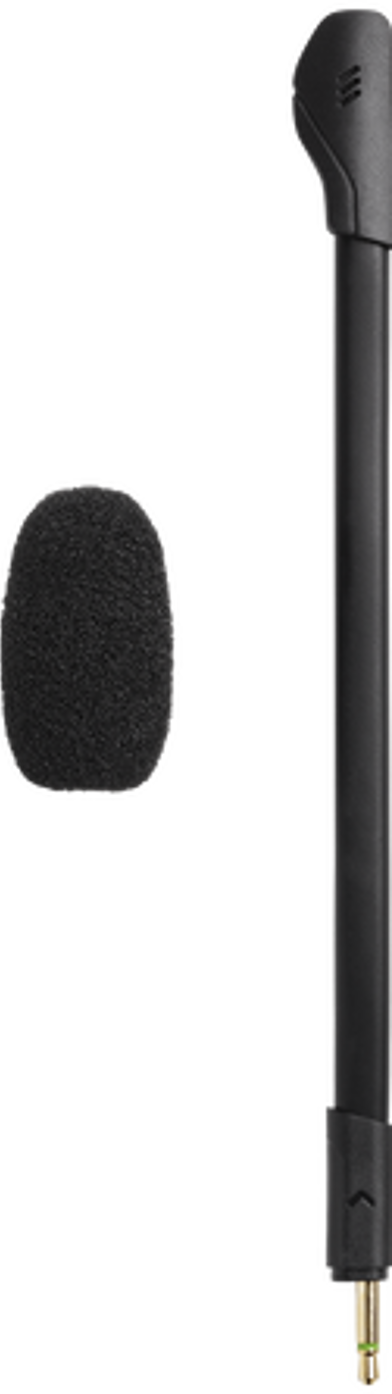 Microphone noir avec une housse en mousse et un connecteur jack.