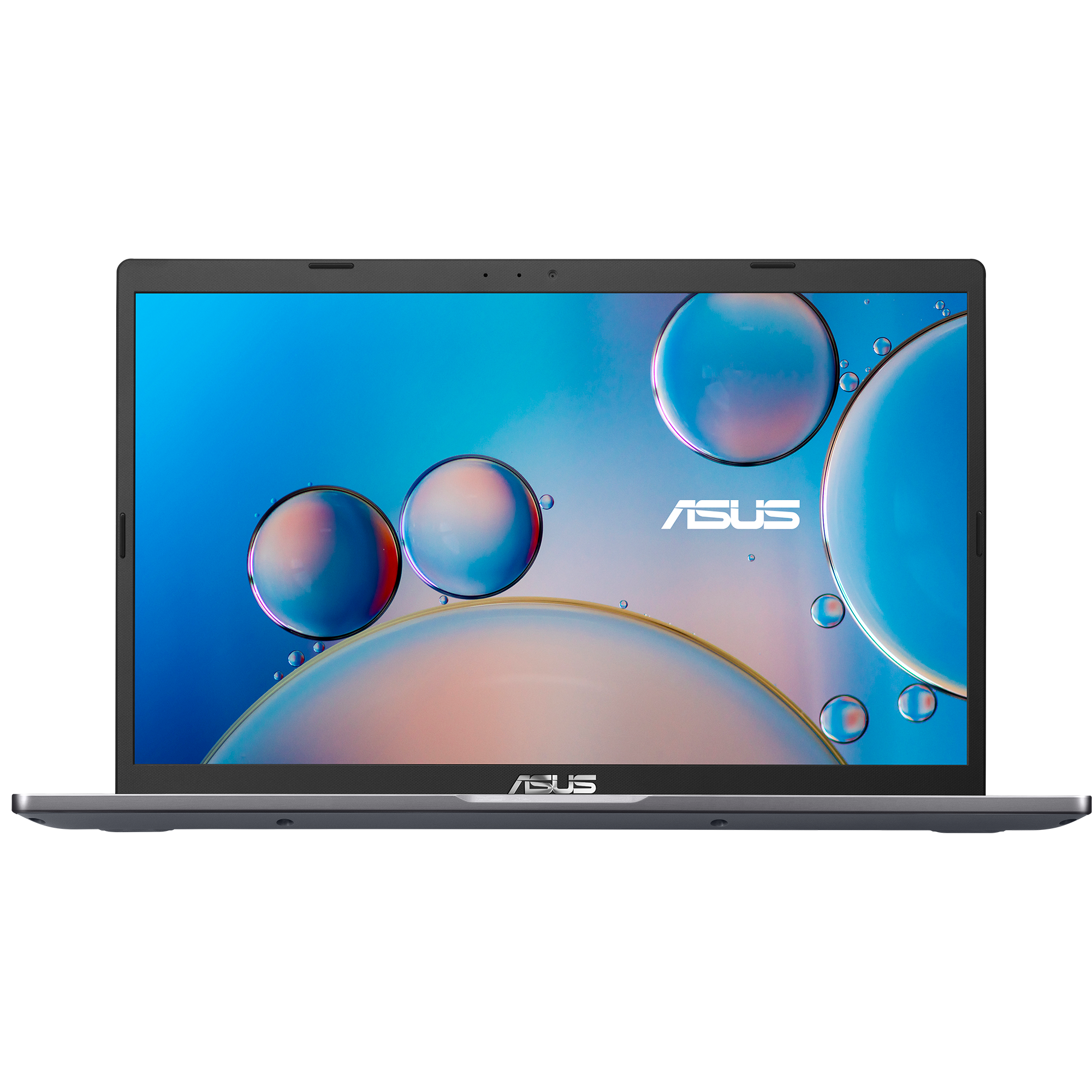 ASUS dizüstü bilgisayar, açık, soyut mavi ve beyaz bir görüntü gösteriyor.